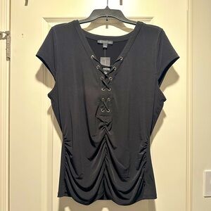 INC International Concepts Black Ruched Tie Front Blouse